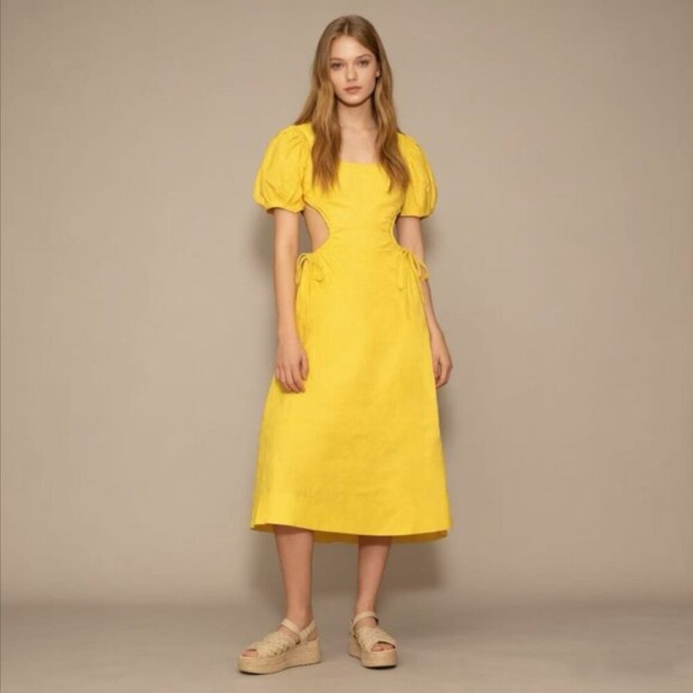 FARM Rio Bright Yellow 100% Linen Midi Dress with Cutouts